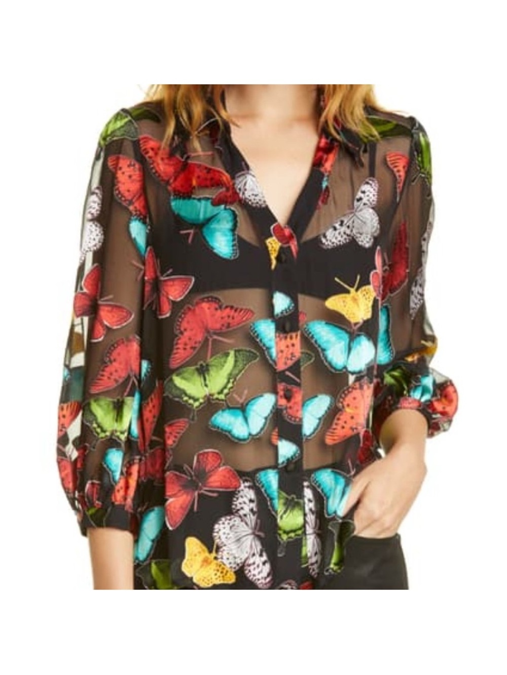 Alice + Olivia Black Sheer Butterfly Print Button-Front Blouse